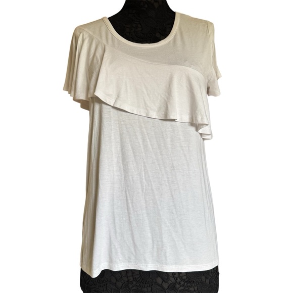 a.n.a White Short Sleeve Ruffle Relaxed Fit Stretchy Tee Shirt Small - Picture 1 of 10
